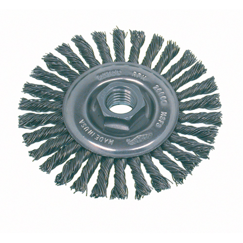 Brosse rotative &agrave; fils nou&eacute;s pour petites meuleuses haute vitesse, pour passe de fond, Dia. 4", Fils 0,02", Arbre 5/8"-11, Acier Infinity Industrial Services Inc.