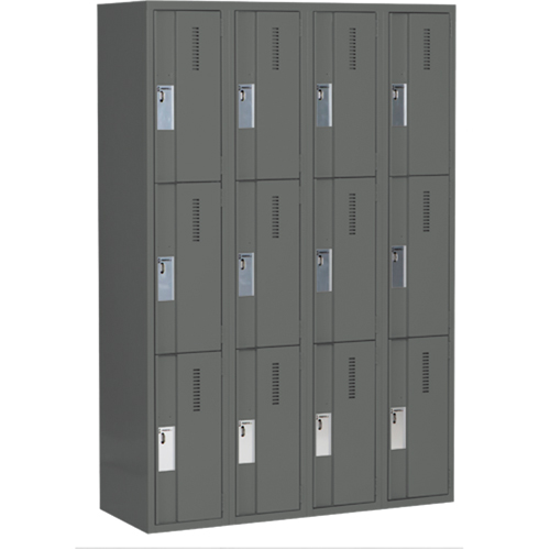 Concorde Heavy-Duty Lockers, 3 -tier, Bank of 4, 48" x 18" x 72", Steel, Charcoal, Welded (Assembled) Infinity Industrial Services Inc.