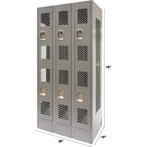 Vented Lockers, 2 -tier, Bank of 3, 36 x 18" x 78", Steel, Grey, Knocked Down, Perforated Infinity Industrial Services Inc.