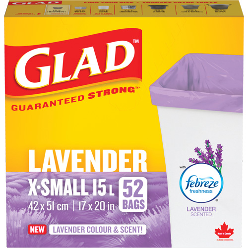 Glad&reg; Lavender Coloured & Scented Bags, Strong, 17" W x 20" L, Purple, 15 L (3.96 Gal.) Capacity Infinity Industrial Services Inc.