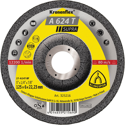 Disque de meulage A 624 T Supra Kronenflex, 5" x 1/4", Arbre 7/8" Infinity Industrial Services Inc.
