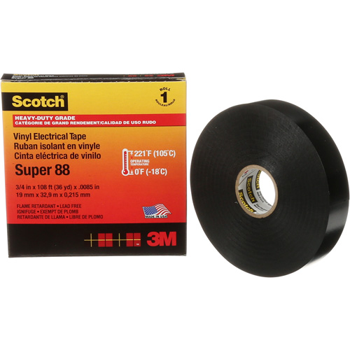 Scotch&reg; Super 88 Professional-Grade  Electrical Tape, 19 mm (3/4") W x 32.9 m (108') L, 8.5 mils, Black Infinity Industrial Services Inc.