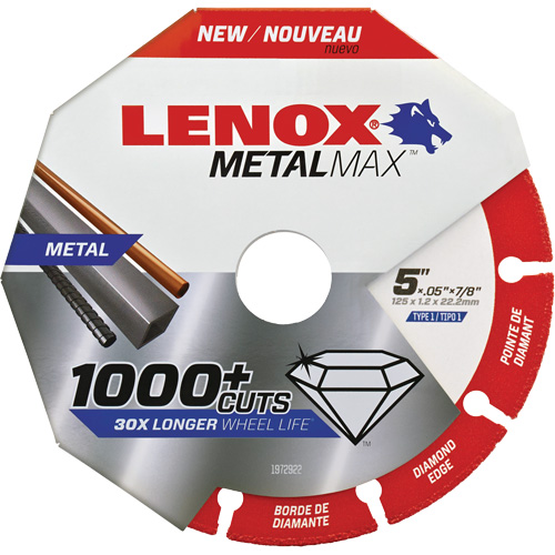 Meule de tronçonnage des m&eacute;taux MetalMax, 5" x 0,05", Arbre de 7/8", Type 1, Losange, 12 200 Tr/min Infinity Industrial Services Inc.