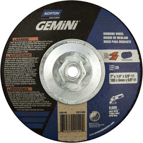 Meule soucoupes Gemini, 7" x 1/4", Arbre 5/8"-11, Oxyde d'aluminium, Type 28 Infinity Industrial Services Inc.
