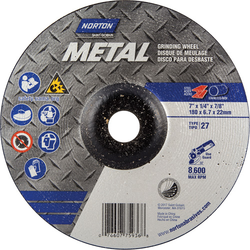 Meules &agrave; moyeu d&eacute;port&eacute; en m&eacute;tal, 7" x 1/4", Arbre 7/8", Oxyde d'aluminium, Type 27 Infinity Industrial Services Inc.