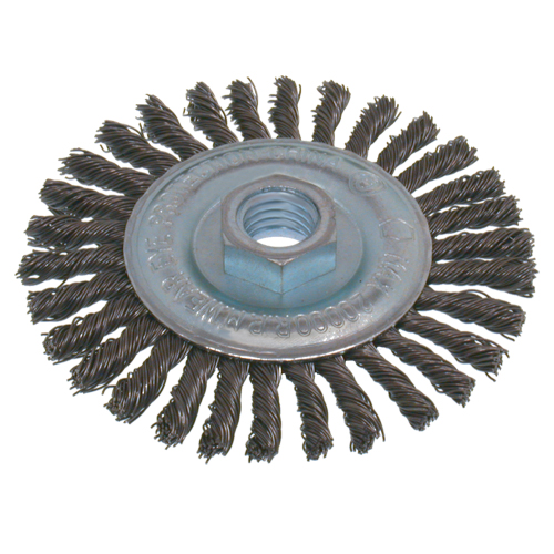Brosses &eacute;conomiques &agrave; fil nou&eacute;s &agrave; haute vitesse pour cordons de soudure, Dia. 6", Fils 0,02", Arbre 5/8"-11, Acier inoxydable Infinity Industrial Services Inc.