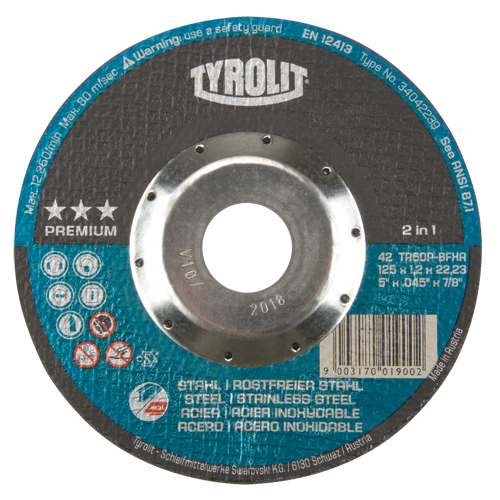 Meule &agrave; tronçonner 2-en-1 de premi&egrave;re qualit&eacute; Thincut, 5" x 0,045", Arbre de 7/8", Type 27, Oxyde d'aluminium, 12250 Tr/min Infinity Industrial Services Inc.