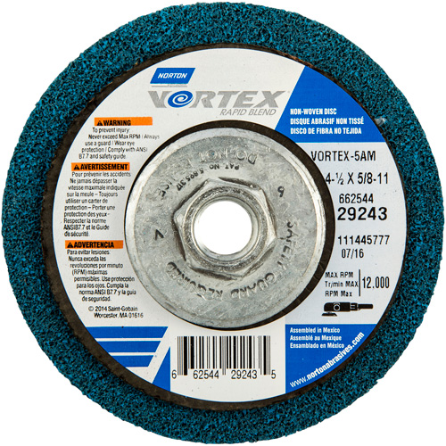 Meule abrasive non tiss&eacute;e &agrave; moyeu d&eacute;port&eacute; Vortez Rapid Blend, 4-1/2" dia., Grain 100-120, Oxyde d'aluminium Infinity Industrial Services Inc.