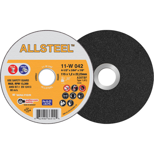 AllSteel Cut-Off Wheel, 4-1/2" x 3/64", 7/8" Arbor, Type 1, Aluminum Oxide, 13300 RPM Infinity Industrial Services Inc.
