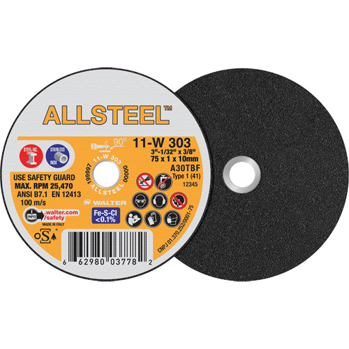 AllSteel Mini Cut-Off Wheel, 3" x 1/32", 3/8" Arbor, Type 1, Aluminum Oxide, 25470 RPM Infinity Industrial Services Inc.