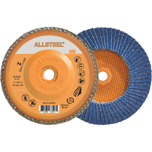 Disque &agrave; lamelles ALLSTEEL, 5" x 5/8"-11, Type 27, Grain 40, Alumine de zirconium Infinity Industrial Services Inc.