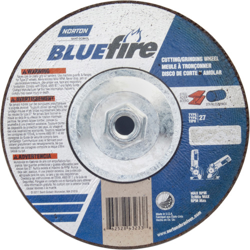 Disque de meulage et tronçonnage BlueFire, 7" x 1/8", Arbre de 5/8"-11, Type 27, Alumine de zirconium Infinity Industrial Services Inc.