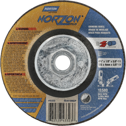 Disque de meulage et tronçonnage NorZon Plus SGZ CA, 4-1/2" x 1/8", Arbre de 5/8"-11, Type 27, C&eacute;ramique d'alumine Infinity Industrial Services Inc.