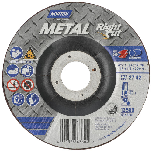 Meule &agrave; tronçonner m&eacute;tallique pour coupe &agrave; angle droit RightCut, 4-1/2" x 0,045", Arbre de 7/8", Type 27, Oxyde d'aluminium, 13580 Tr/min Infinity Industrial Services Inc.