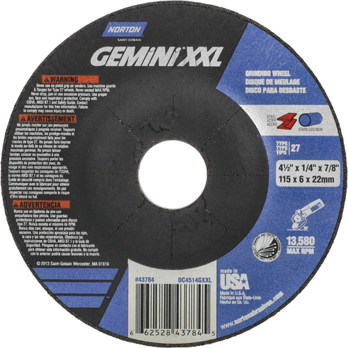 Meule XXL Gemini, 4-1/2" x 1/4", Arbre 7/8", Oxyde d'aluminium, Type 27 Infinity Industrial Services Inc.