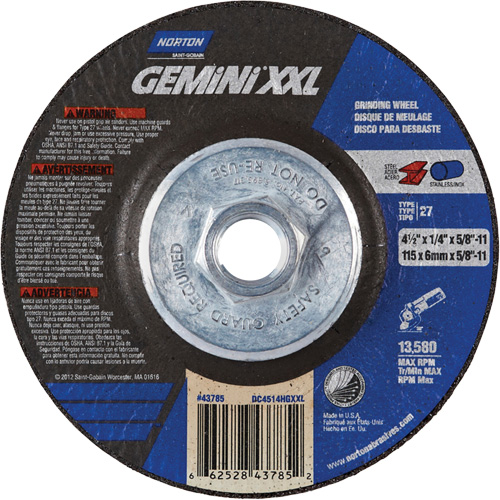 Meule XXL Gemini, 4-1/2" x 1/4", Arbre 5/8"-11, Oxyde d'aluminium, Type 27 Infinity Industrial Services Inc.