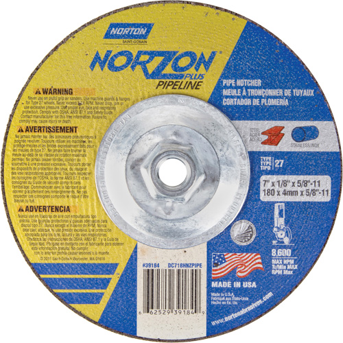 Meule &agrave; tronçonner &agrave; angle droit NorZon Plus SGZ, 7" x 1/8", Arbre de 5/8"-11, Type 27/42, C&eacute;ramique d'alumine, 8600 Tr/min Infinity Industrial Services Inc.