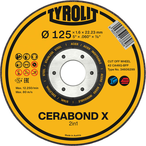 CERABOND X Cut-Off Wheel for Steel & Stainless Steel, 4-1/2" x 0.6", 7/8" Arbor, Type 1, Ceramic, 12250 RPM Infinity Industrial Services Inc.
