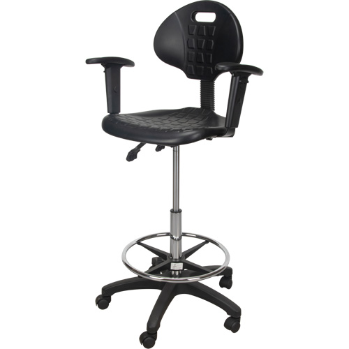Tabouret ergonomique robuste avec accoudoirs r&eacute;glables et roulettes en nylon, Mobile, Ajustable, 39" - 48", Polyur&eacute;thane Si&egrave;ge, Noir Infinity Industrial Services Inc.