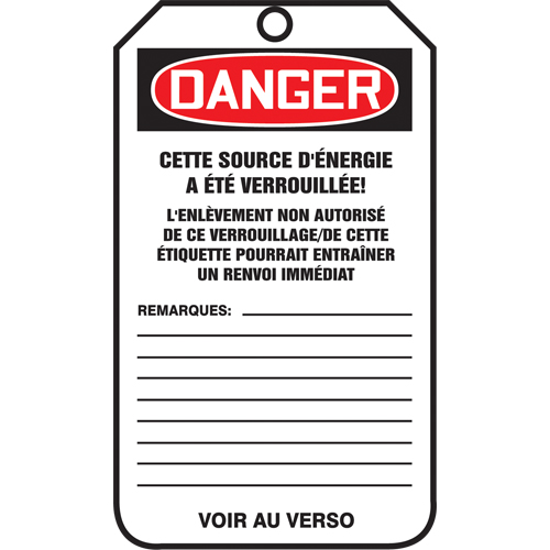 Lockout Tags, Plastic, 3-3/8" W x 5-7/8" H, French Infinity Industrial Services Inc.