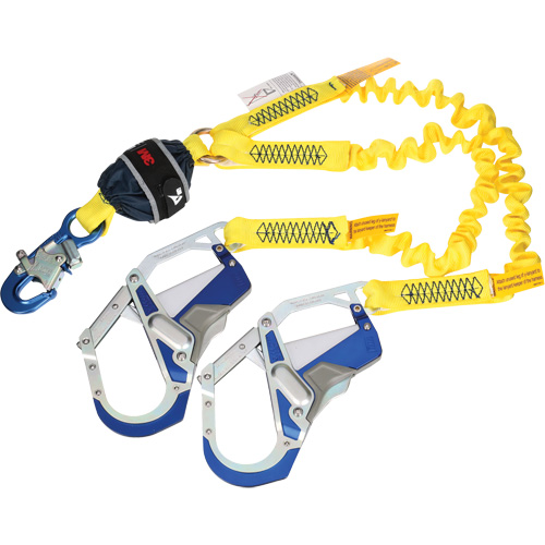 Twin-Leg Stretch Web Shock-Absorbing Lanyard, 6', Rebar Hook Center, Snap Hook Leg Ends Infinity Industrial Services Inc.