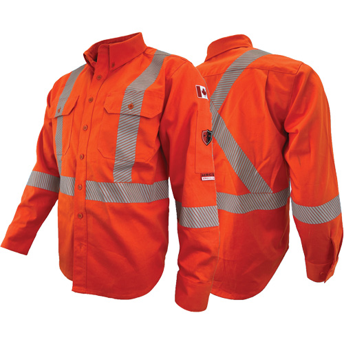 Chandail de travail &agrave; manches longues ignifuge et r&eacute;sistant &agrave; l'arc &eacute;lectrique avec bandes de 2" Atlas Guardian, T-petit, Orange haute visibilit&eacute; Infinity Industrial Services Inc.