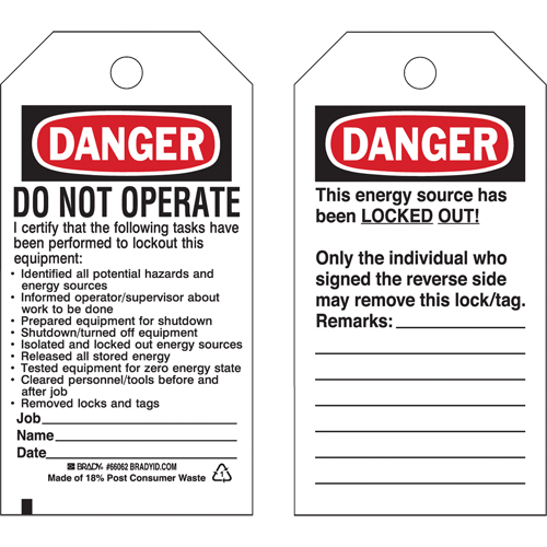 Lockout Tags, Plastic, 3" W x 5-1/2" H, English Infinity Industrial Services Inc.
