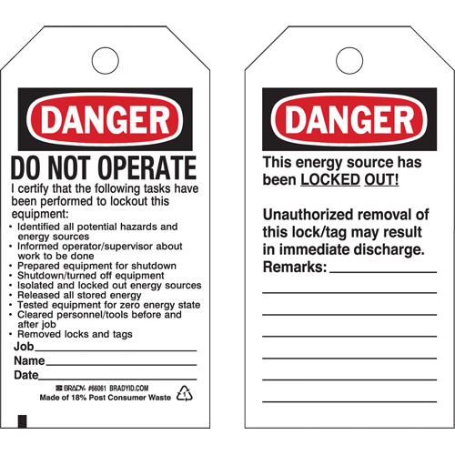 Lockout Tags, Plastic, 3" W x 5-3/4" H, English Infinity Industrial Services Inc.