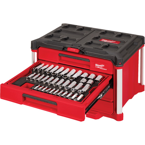 242-Piece 1/4”, 3/8” & 1/2” Drive Metric & SAE Ratchet & Socket Set with PACKOUT 4-Drawer Tool Box, 16-3/10" x 22-1/5" x 14-3/10", Black/Red Infinity Industrial Services Inc.