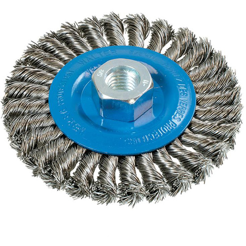 Wide Knotted Wire Wheel Brush, 4-1/2" Dia., 0.02" Fill, 5/8"-11 Arbor, Aluminum/Stainless Steel Infinity Industrial Services Inc.