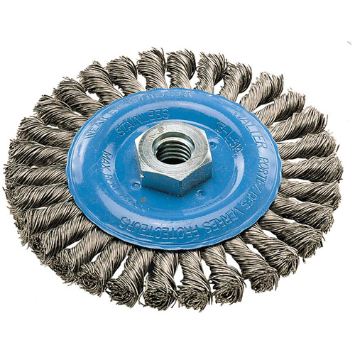 Wide Knotted Wire Wheel Brush, 5" Dia., 0.02" Fill, 5/8"-11 Arbor, Aluminum/Stainless Steel Infinity Industrial Services Inc.