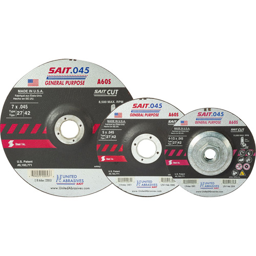 Sait Cutting Wheel, 5" x 0.045", 7/8" Arbor, Type 27, Aluminum Oxide, 12200 RPM Infinity Industrial Services Inc.