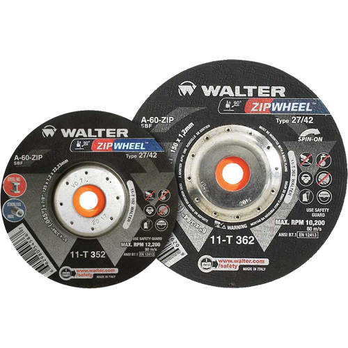 Spin-On Zipcut Right Angle Grinder Reinforced Cut-Off Wheels, 5" x 7/8", 5/8"-11 Arbor, Type 27, Aluminum Oxide, 12200 RPM Infinity Industrial Services Inc.