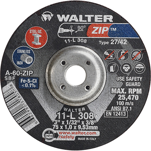 Zip Cutting and Grinding Wheel, 3" x 1/13", 3/8" Arbor, Type 27, 60 Grit, Aluminum Oxide Infinity Industrial Services Inc.