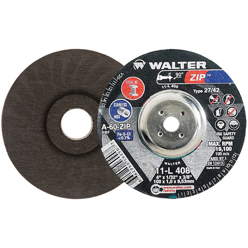 Disque de meulage et de tronçonnage Zip, 4" x 1/32", Arbre de 3/8", Type 27, Grain de 60, Oxyde d'aluminium Infinity Industrial Services Inc.