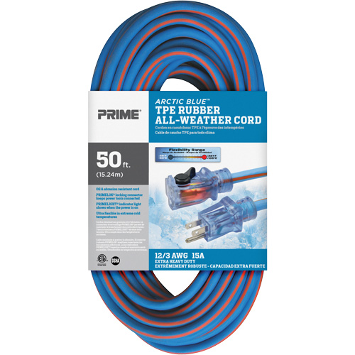 Cordon rallonge verrouillable toute saison en caoutchouc TPE Arctic Blue, Toutes saisons, SJEOW, AWG 12/3, 15 A, 50' Infinity Industrial Services Inc.