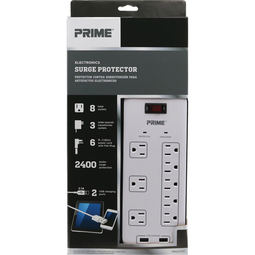 Limiteurs de surtension avec chargeur USB, 8 Prises, 2400 J, 1875 W, Cordon 6' Infinity Industrial Services Inc.