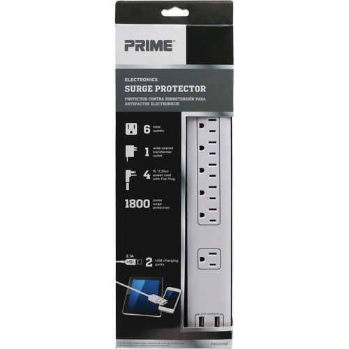 Limiteurs de surtension avec chargeur USB, 6 Prises, 1800 J, 1875 W, Cordon 4' Infinity Industrial Services Inc.