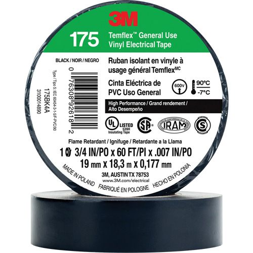 Temflex General Use Vinyl Electrical Tape 175, 19 mm (3/4") x 18 M (60'), Black, 7 mils Infinity Industrial Services Inc.