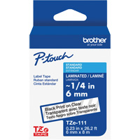 Ruban lamin&eacute; TZe-111 pour &eacute;tiqueteuses P-Touch compatibles avec les rubans TZe, Noir sur transparent, Largeur de 0,23" Infinity Industrial Services Inc.